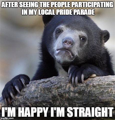 Confession Bear | AFTER SEEING THE PEOPLE PARTICIPATING IN MY LOCAL PRIDE PARADE I'M HAPPY I'M STRAIGHT | image tagged in memes,confession bear,AdviceAnimals | made w/ Imgflip meme maker
