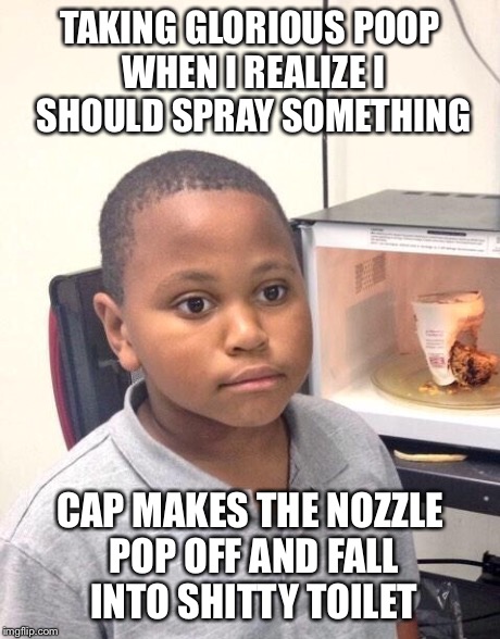 TAKING GLORIOUS POOP WHEN I REALIZE I SHOULD SPRAY SOMETHING CAP MAKES THE NOZZLE POP OFF AND FALL INTO SHITTY TOILET | made w/ Imgflip meme maker