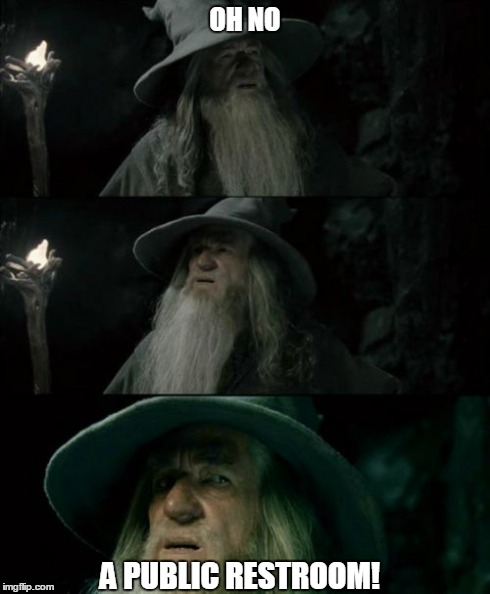 Confused Gandalf | OH NO A PUBLIC RESTROOM! | image tagged in memes,confused gandalf | made w/ Imgflip meme maker