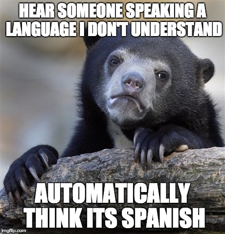 Confession Bear | HEAR SOMEONE SPEAKING A LANGUAGE I DON'T UNDERSTAND AUTOMATICALLY THINK ITS SPANISH | image tagged in memes,confession bear | made w/ Imgflip meme maker