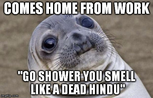 Awkward Moment Sealion | COMES HOME FROM WORK "GO SHOWER YOU SMELL LIKE A DEAD HINDU" | image tagged in memes,awkward moment sealion,AdviceAnimals | made w/ Imgflip meme maker