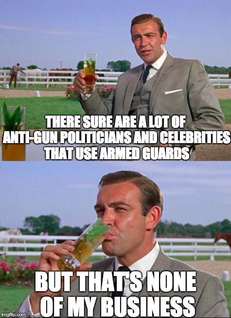Sean Connery > Kermit | THERE SURE ARE A LOT OF ANTI-GUN POLITICIANS AND CELEBRITIES THAT USE ARMED GUARDS BUT THAT'S NONE OF MY BUSINESS | image tagged in sean connery  kermit | made w/ Imgflip meme maker