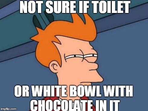 Futurama Fry | NOT SURE IF TOILET OR WHITE BOWL WITH CHOCOLATE IN IT | image tagged in memes,futurama fry | made w/ Imgflip meme maker
