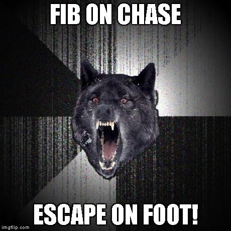 Insanity Wolf Meme | FIB ON CHASE ESCAPE ON FOOT! | image tagged in memes,insanity wolf | made w/ Imgflip meme maker