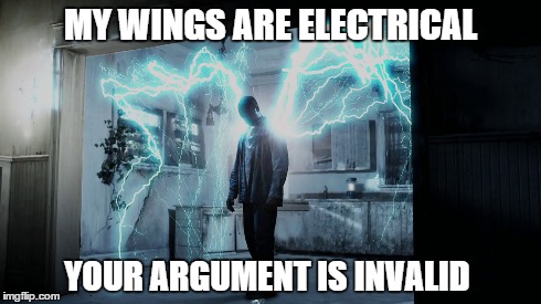 MY WINGS ARE ELECTRICAL YOUR ARGUMENT IS INVALID | image tagged in memes,invalid argument | made w/ Imgflip meme maker