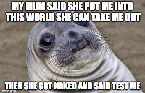 Awkward Moment Sealion | MY MUM SAID SHE PUT ME INTO THIS WORLD SHE CAN TAKE ME OUT THEN SHE GOT NAKED AND SAID TEST ME | image tagged in memes,awkward moment sealion | made w/ Imgflip meme maker