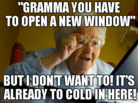 Grandma Finds The Internet | "GRAMMA YOU HAVE TO OPEN A NEW WINDOW" BUT I DON'T WANT TO! IT'S ALREADY TO COLD IN HERE! | image tagged in memes,grandma finds the internet | made w/ Imgflip meme maker