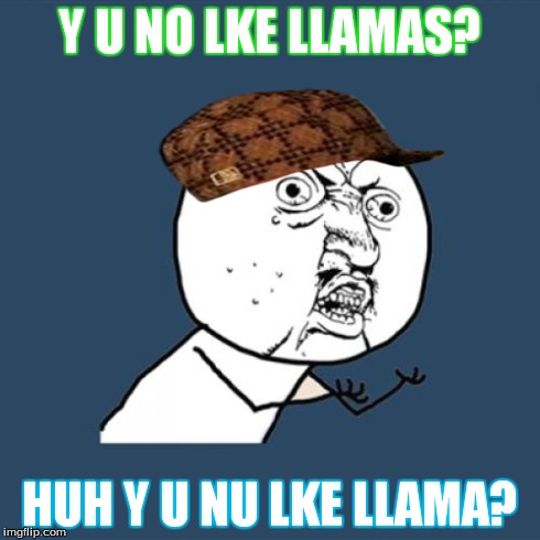 Y U No | Y U NO LKE LLAMAS? HUH Y U NU LKE LLAMA? | image tagged in memes,y u no,scumbag | made w/ Imgflip meme maker