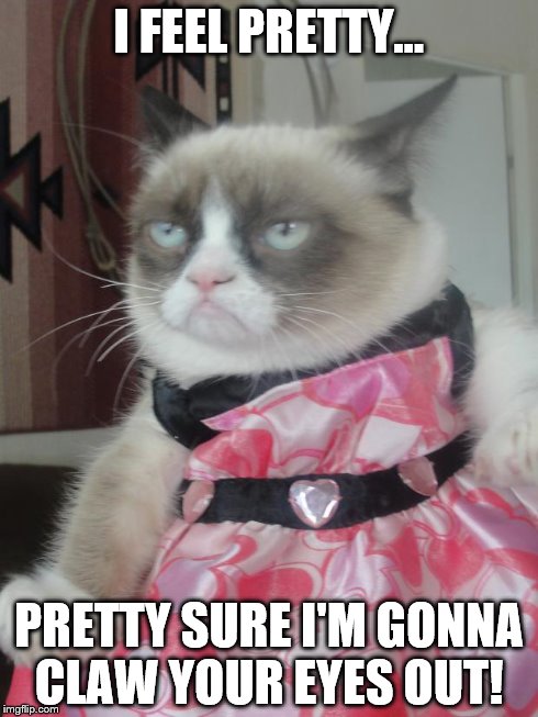 grumpy cat in a dress | I FEEL PRETTY... PRETTY SURE I'M GONNA CLAW YOUR EYES OUT! | image tagged in grumpy cat in a dress,grumpy cat | made w/ Imgflip meme maker