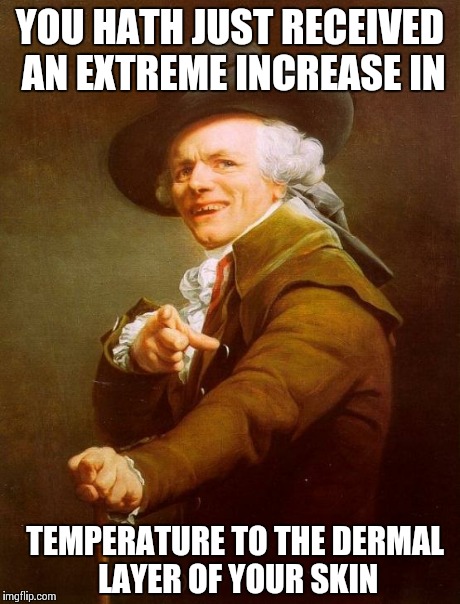 Joseph Ducreux | YOU HATH JUST RECEIVED AN EXTREME INCREASE IN TEMPERATURE TO THE DERMAL LAYER OF YOUR SKIN | image tagged in memes,joseph ducreux | made w/ Imgflip meme maker