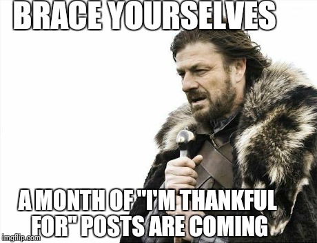 Brace Yourselves X is Coming | BRACE YOURSELVES A MONTH OF "I'M THANKFUL FOR" POSTS ARE COMING | image tagged in memes,brace yourselves x is coming | made w/ Imgflip meme maker