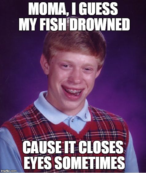 Bad Luck Brian Meme | MOMA, I GUESS MY FISH DROWNED CAUSE IT CLOSES EYES SOMETIMES | image tagged in memes,bad luck brian | made w/ Imgflip meme maker