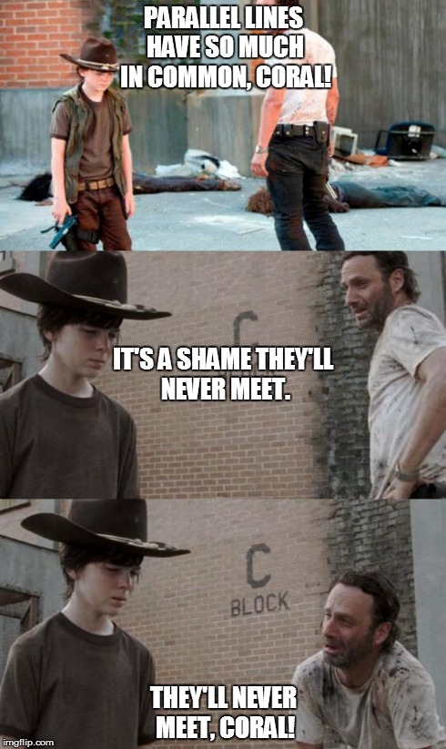 Rick and Carl 3 Meme | PARALLEL LINES HAVE SO MUCH IN COMMON, CORAL! THEY'LL NEVER MEET, CORAL! IT'S A SHAME THEY'LL NEVER MEET. | image tagged in memes,rick and carl 3 | made w/ Imgflip meme maker