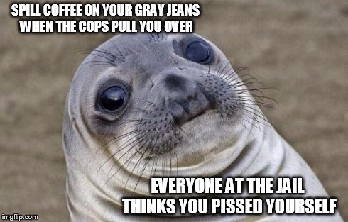 Awkward Moment Sealion Meme | SPILL COFFEE ON YOUR GRAY JEANS WHEN THE COPS PULL YOU OVER EVERYONE AT THE JAIL THINKS YOU PISSED YOURSELF | image tagged in memes,awkward moment sealion | made w/ Imgflip meme maker