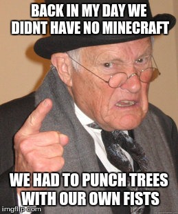 Back In My Day | BACK IN MY DAY WE DIDNT HAVE NO MINECRAFT WE HAD TO PUNCH TREES WITH OUR OWN FISTS | image tagged in memes,back in my day | made w/ Imgflip meme maker