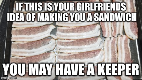 If this is your girlfriends idea of making you a sandwich you may have a keeper | IF THIS IS YOUR GIRLFRIENDS IDEA OF MAKING YOU A SANDWICH YOU MAY HAVE A KEEPER | image tagged in bacon,funny,good girlfriend | made w/ Imgflip meme maker