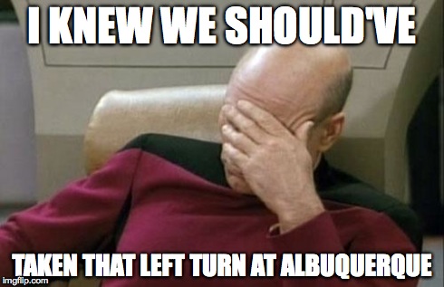 Captain Picard Facepalm | I KNEW WE SHOULD'VE TAKEN THAT LEFT TURN AT ALBUQUERQUE | image tagged in memes,captain picard facepalm | made w/ Imgflip meme maker