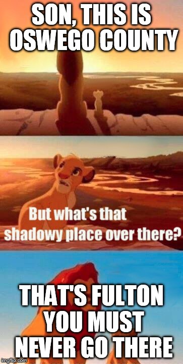 Simba Shadowy Place | SON, THIS IS OSWEGO COUNTY THAT'S FULTON YOU MUST NEVER GO THERE | image tagged in memes,simba shadowy place | made w/ Imgflip meme maker