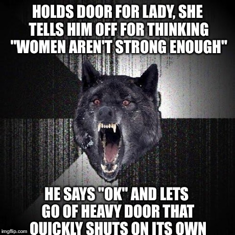 Insanity Wolf | HOLDS DOOR FOR LADY, SHE TELLS HIM OFF FOR THINKING "WOMEN AREN'T STRONG ENOUGH" HE SAYS "OK" AND LETS GO OF HEAVY DOOR THAT QUICKLY SHUTS O | image tagged in memes,insanity wolf,AdviceAnimals | made w/ Imgflip meme maker