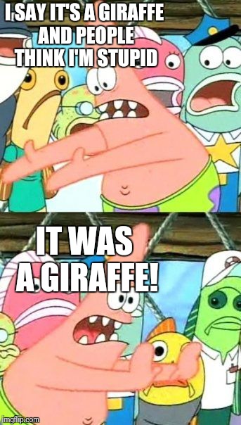 It's a giraffe | I SAY IT'S A GIRAFFE AND PEOPLE THINK I'M STUPID IT WAS A GIRAFFE! | image tagged in memes,put it somewhere else patrick | made w/ Imgflip meme maker