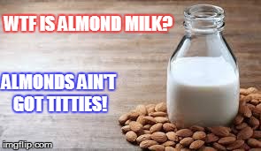 Almond Milk | WTF IS ALMOND MILK? ALMONDS AIN'T GOT TITTIES! | image tagged in almond milk | made w/ Imgflip meme maker