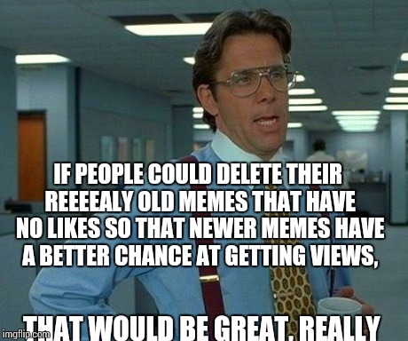 Old dusty memes | IF PEOPLE COULD DELETE THEIR REEEEALY OLD MEMES THAT HAVE NO LIKES SO THAT NEWER MEMES HAVE A BETTER CHANCE AT GETTING VIEWS, THAT WOULD BE  | image tagged in memes,that would be great | made w/ Imgflip meme maker