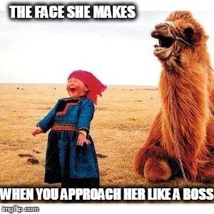 happy girl and camel | THE FACE SHE MAKES WHEN YOU APPROACH HER LIKE A BOSS | image tagged in happy girl and camel | made w/ Imgflip meme maker