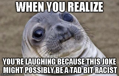 Awkward Moment Sealion Meme | WHEN YOU REALIZE YOU'RE LAUGHING BECAUSE THIS JOKE MIGHT POSSIBLY BE A TAD BIT RACIST | image tagged in memes,awkward moment sealion | made w/ Imgflip meme maker