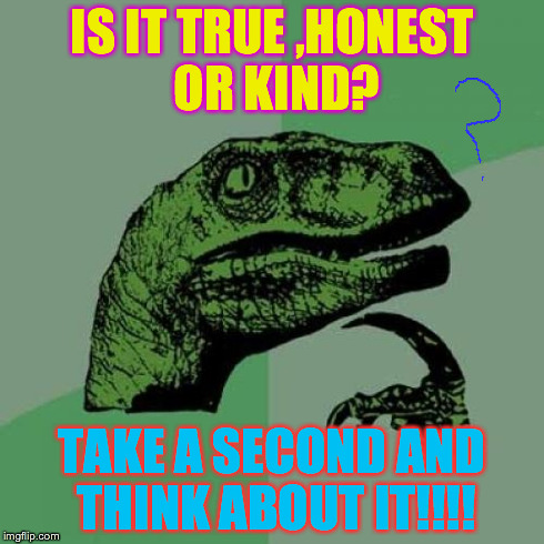 Philosoraptor Meme | IS IT TRUE ,HONEST OR KIND? TAKE A SECOND AND THINK ABOUT IT!!!! | image tagged in memes,philosoraptor | made w/ Imgflip meme maker