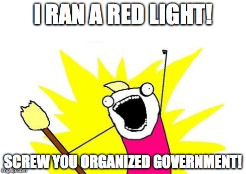 X All The Y | I RAN A RED LIGHT! SCREW YOU ORGANIZED GOVERNMENT! | image tagged in memes,x all the y | made w/ Imgflip meme maker