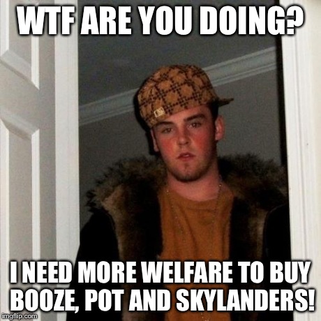 Scumbag Steve Meme | WTF ARE YOU DOING? I NEED MORE WELFARE TO BUY BOOZE, POT AND SKYLANDERS! | image tagged in memes,scumbag steve | made w/ Imgflip meme maker