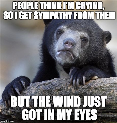 I have no creative title | PEOPLE THINK I'M CRYING, SO I GET SYMPATHY FROM THEM BUT THE WIND JUST GOT IN MY EYES | image tagged in memes,confession bear | made w/ Imgflip meme maker