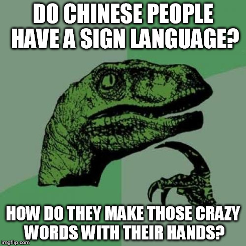 Never thought about this till just now | DO CHINESE PEOPLE HAVE A SIGN LANGUAGE? HOW DO THEY MAKE THOSE CRAZY WORDS WITH THEIR HANDS? | image tagged in memes,philosoraptor,chinese,lol,funny | made w/ Imgflip meme maker