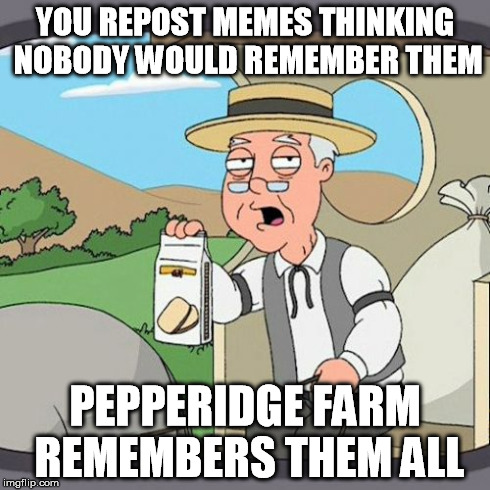 Pepperidge Farm Remembers Meme | YOU REPOST MEMES THINKING NOBODY WOULD REMEMBER THEM PEPPERIDGE FARM REMEMBERS THEM ALL | image tagged in memes,pepperidge farm remembers | made w/ Imgflip meme maker