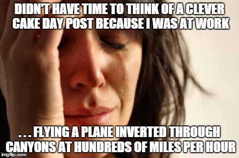 First World Problems | DIDN'T HAVE TIME TO THINK OF A CLEVER CAKE DAY POST BECAUSE I WAS AT WORK . . . FLYING A PLANE INVERTED THROUGH CANYONS AT HUNDREDS OF MILES | image tagged in memes,first world problems,AdviceAnimals | made w/ Imgflip meme maker