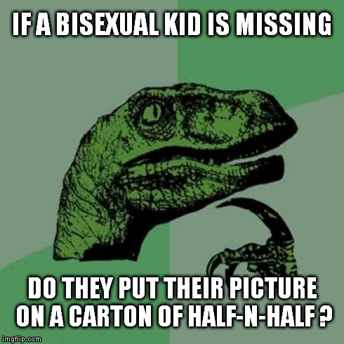 Missing kids on milk cartons | IF A BISEXUAL KID IS MISSING DO THEY PUT THEIR PICTURE ON A CARTON OF HALF-N-HALF ? | image tagged in memes,philosoraptor | made w/ Imgflip meme maker