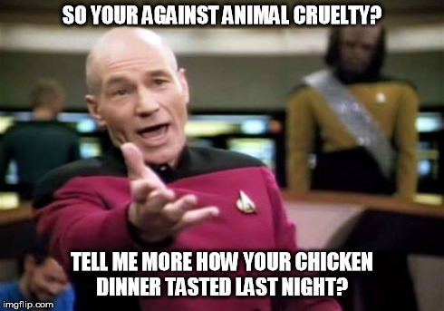 Picard Wtf Meme | SO YOUR AGAINST ANIMAL CRUELTY? TELL ME MORE HOW YOUR CHICKEN DINNER TASTED LAST NIGHT? | image tagged in memes,picard wtf | made w/ Imgflip meme maker