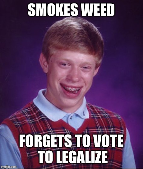 Bad Luck Brian | SMOKES WEED FORGETS TO VOTE TO LEGALIZE | image tagged in memes,bad luck brian | made w/ Imgflip meme maker