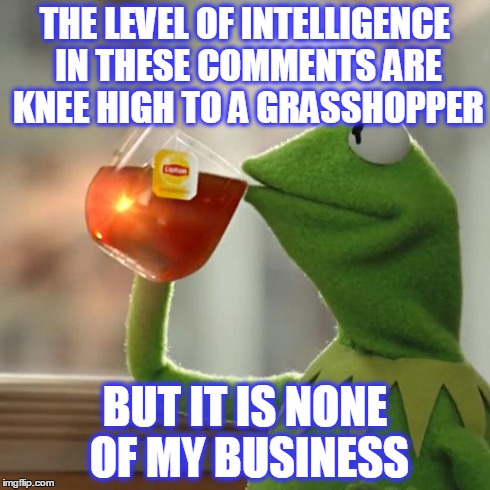 But That's None Of My Business | THE LEVEL OF INTELLIGENCE IN THESE COMMENTS ARE KNEE HIGH TO A GRASSHOPPER BUT IT IS NONE OF MY BUSINESS | image tagged in memes,but thats none of my business,kermit the frog | made w/ Imgflip meme maker