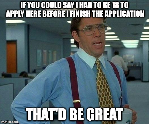 That Would Be Great | IF YOU COULD SAY I HAD TO BE 18 TO APPLY HERE BEFORE I FINISH THE APPLICATION THAT'D BE GREAT | image tagged in memes,that would be great | made w/ Imgflip meme maker