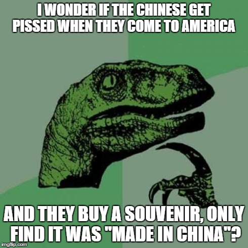 Philosoraptor | I WONDER IF THE CHINESE GET PISSED WHEN THEY COME TO AMERICA AND THEY BUY A SOUVENIR, ONLY FIND IT WAS "MADE IN CHINA"? | image tagged in memes,philosoraptor | made w/ Imgflip meme maker