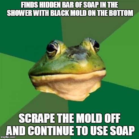 Foul Bachelor Frog | FINDS HIDDEN BAR OF SOAP IN THE SHOWER WITH BLACK MOLD ON THE BOTTOM SCRAPE THE MOLD OFF AND CONTINUE TO USE SOAP | image tagged in memes,foul bachelor frog,AdviceAnimals | made w/ Imgflip meme maker