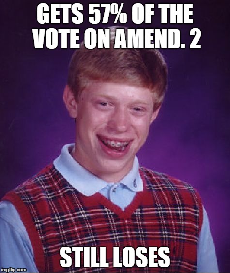 Amendment 2 in Florida | GETS 57% OF THE VOTE ON AMEND. 2 STILL LOSES | image tagged in memes,bad luck brian,florida,vote,marijuana,you know what grinds my gears | made w/ Imgflip meme maker