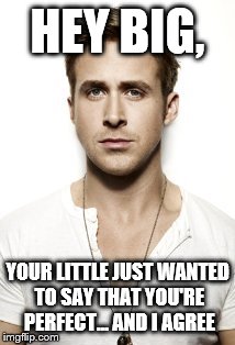 Ryan Gosling Meme | HEY BIG, YOUR LITTLE JUST WANTED TO SAY THAT YOU'RE PERFECT... AND I AGREE | image tagged in memes,ryan gosling | made w/ Imgflip meme maker