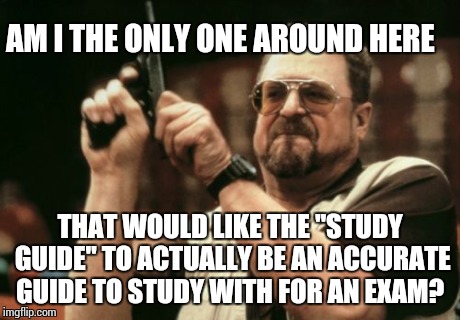 Am I The Only One Around Here Meme | AM I THE ONLY ONE AROUND HERE THAT WOULD LIKE THE "STUDY GUIDE" TO ACTUALLY BE AN ACCURATE GUIDE TO STUDY WITH FOR AN EXAM? | image tagged in memes,am i the only one around here,AdviceAnimals | made w/ Imgflip meme maker