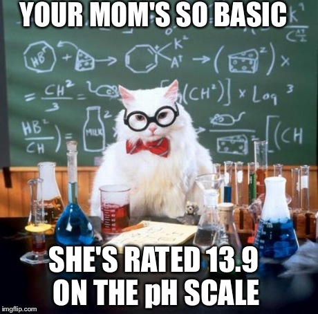 Chemistry Cat | YOUR MOM'S SO BASIC SHE'S RATED 13.9 ON THE pH SCALE | image tagged in memes,chemistry cat | made w/ Imgflip meme maker
