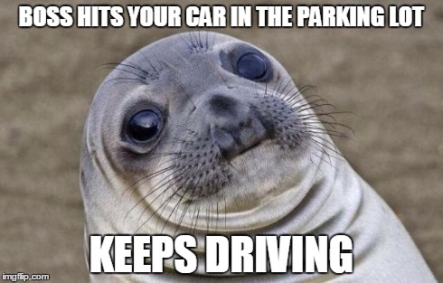 Awkward Moment Sealion | BOSS HITS YOUR CAR IN THE PARKING LOT KEEPS DRIVING | image tagged in memes,awkward moment sealion,AdviceAnimals | made w/ Imgflip meme maker