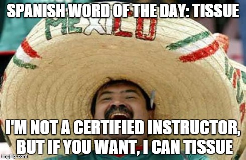 Happy Mexican | SPANISH WORD OF THE DAY: TISSUE I'M NOT A CERTIFIED INSTRUCTOR, BUT IF YOU WANT, I CAN TISSUE | image tagged in happy mexican | made w/ Imgflip meme maker