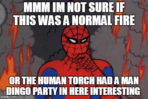 '60s Spiderman Fire | MMM IM NOT SURE IF THIS WAS A NORMAL FIRE OR THE HUMAN TORCH HAD A MAN DINGO PARTY IN HERE INTERESTING | image tagged in '60s spiderman fire | made w/ Imgflip meme maker