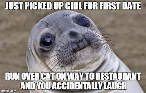 Awkward Moment Sealion Meme | JUST PICKED UP GIRL FOR FIRST DATE RUN OVER CAT ON WAY TO RESTAURANT AND YOU ACCIDENTALLY LAUGH | image tagged in memes,awkward moment sealion | made w/ Imgflip meme maker